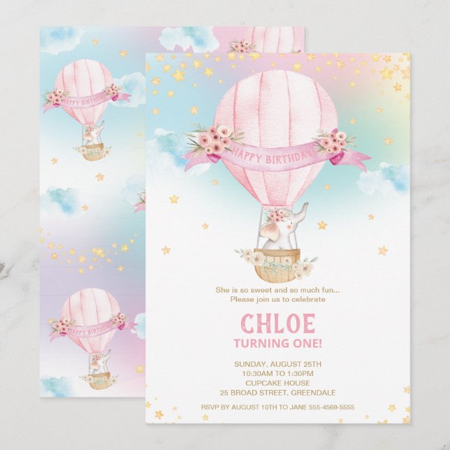 Invitation Eléphant Hot Air Balloon 1ère fille d'anniversaire (Devant / Derrière)