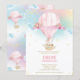 Invitation Eléphant Hot Air Balloon 1ère fille d'anniversaire