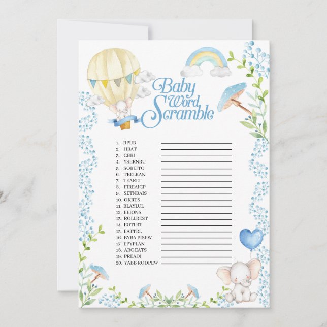 Invitation Elephant Hot Air Balloon Baby Word Scramble Jeu (Devant)
