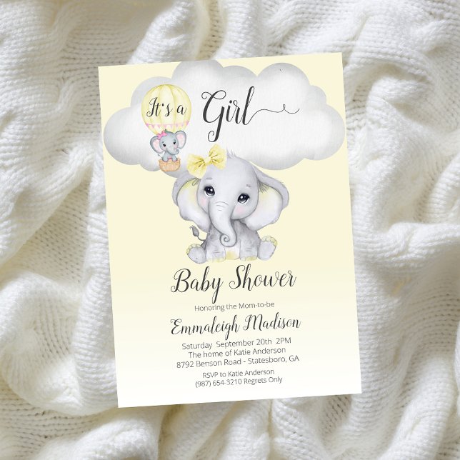 Invitation Elephant Hot Air Balloon Girl Baby shower | jaune (Créateur téléchargé)