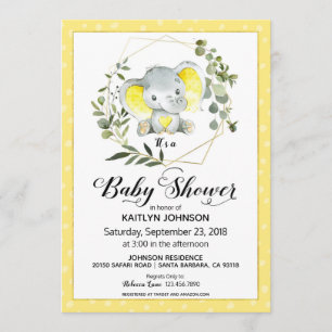 Invitation Eléphant jaune Baby shower moderne