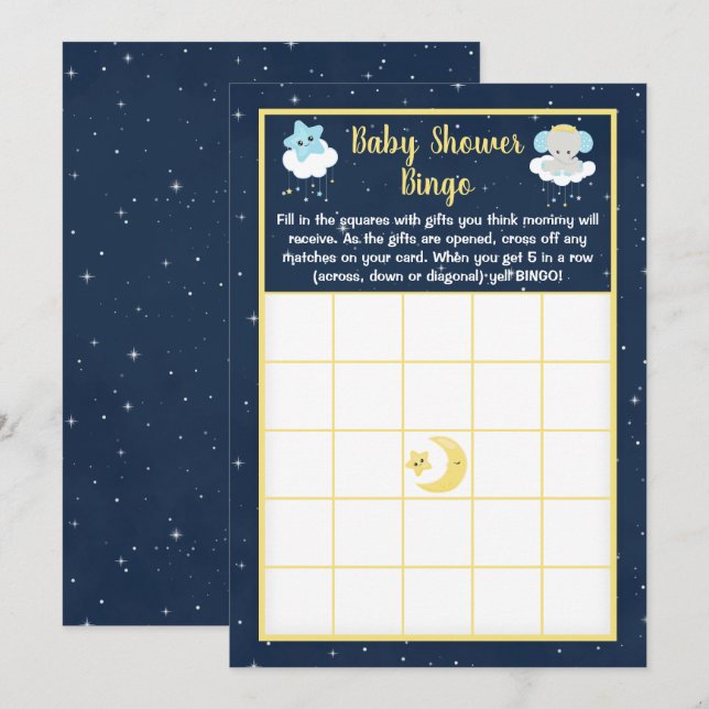 Invitation Elephant Jaune et Baby shower de marine Bingo (Devant / Derrière)