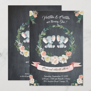 Invitation Eléphant jumelle fille Invitation, Floral, Bébé 1e