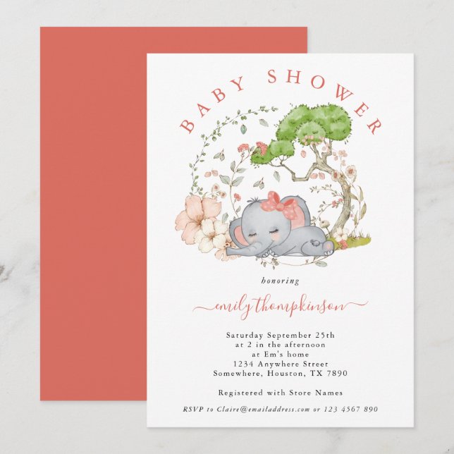 Invitation Elephant Jungle Foliage Coral Girl Baby shower Inv (Devant / Derrière)