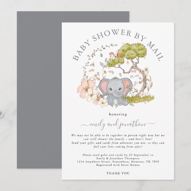 Invitation Elephant Jungle Foliage Gris Baby shower par courr (Devant / Derrière)