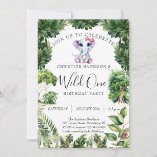 Invitation Elephant Jungle Wild One Fille 1er Anniversaire