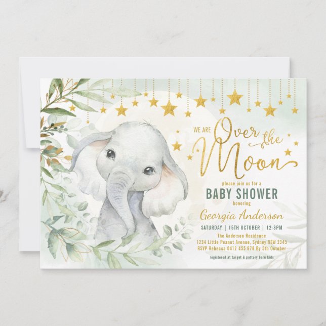 Invitation Eléphant Lune & Étoiles Baby shower verdoyant (Devant)