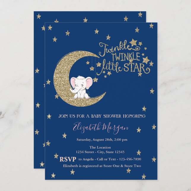 Invitation Elephant, Lune, Star Twinkle Petit Baby shower (Devant / Derrière)