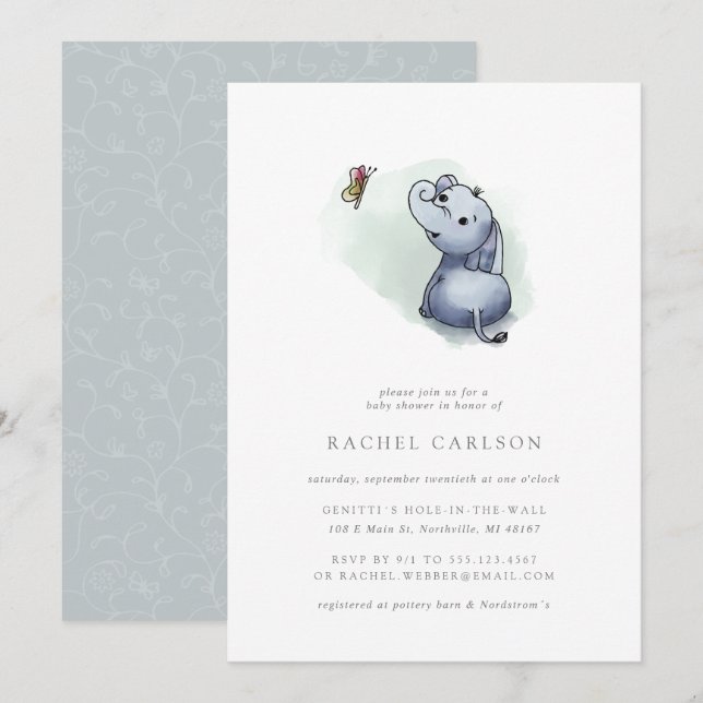 Invitation éléphant mignon avec baby shower papillon (Devant / Derrière)