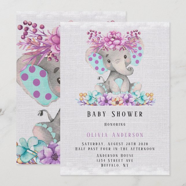 Invitation Eléphant mignon avec Baby shower Turquoise Floral  (Devant / Derrière)