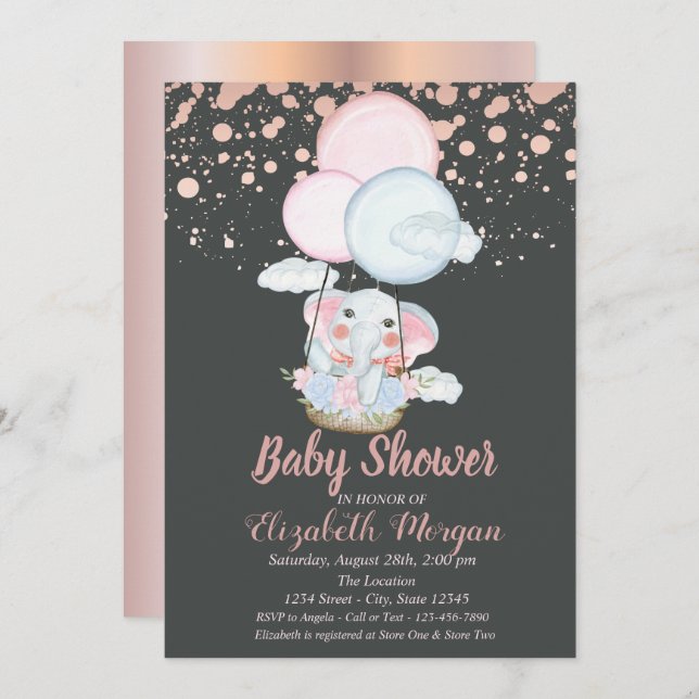 Invitation Eléphant mignon, Ballon à air, Baby shower en or R (Devant / Derrière)