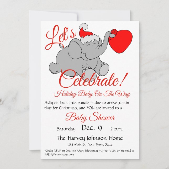 Invitation Eléphant mignon, chapeau rouge et Baby shower grou (Devant)