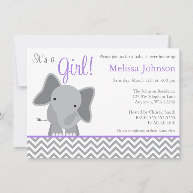 Invitation Eléphant mignon Chevron Baby shower violet (Devant)