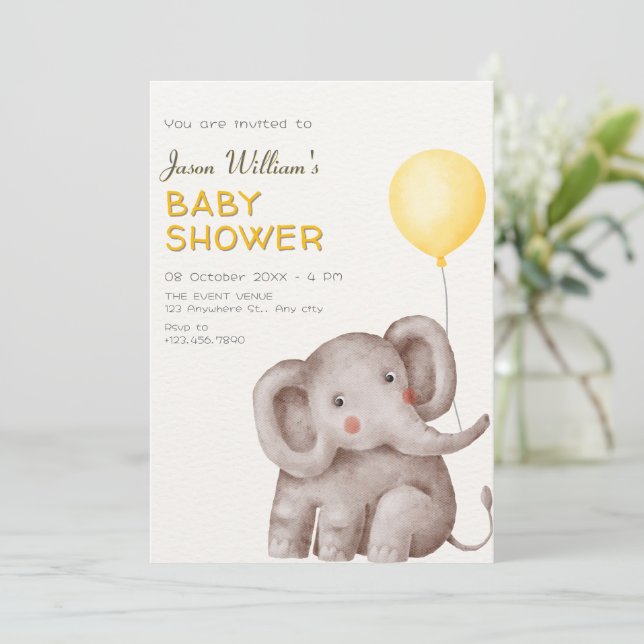 Invitation Eléphant mignon et baby shower de ballon (Debout devant)