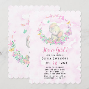 Invitation Eléphant mignon et papillons Baby shower fille