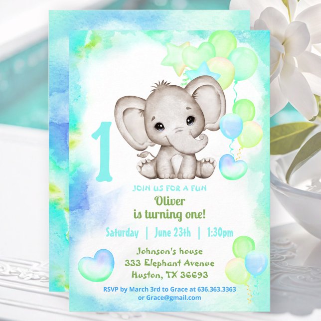 Invitation Eléphant mignon été coloré garçon 1er anniversaire (Cute Elephant Summer Colorful Boy 1stBirthday Invitation)