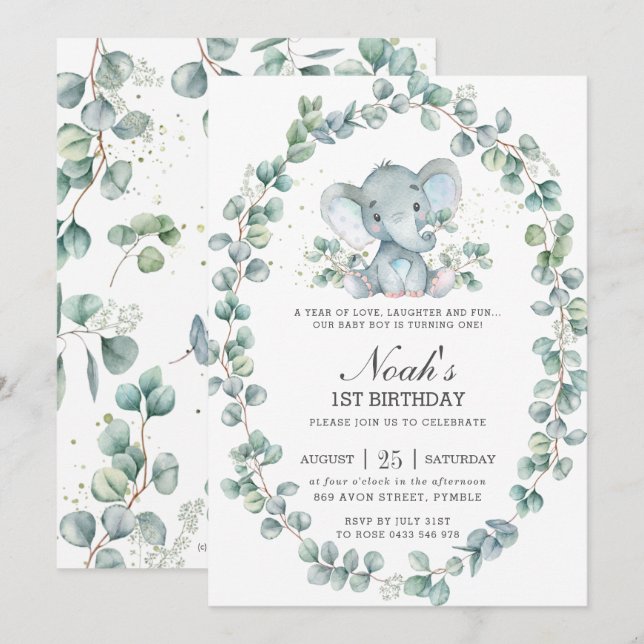 Invitation Eléphant mignon Eucalyptus Verdure Anniversaire Ga (Devant / Derrière)