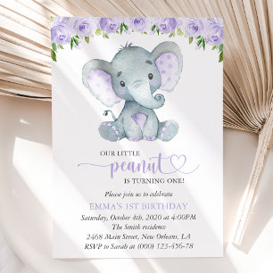 Invitation Éléphant Mignon, Fleurs Violettes, Premier Anniver