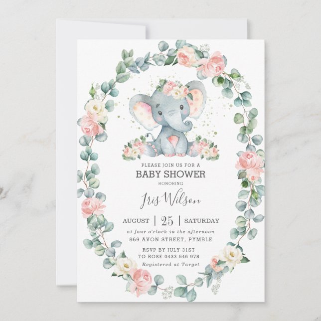 Invitation Eléphant mignon Floral verdure Baby shower fille (Devant)