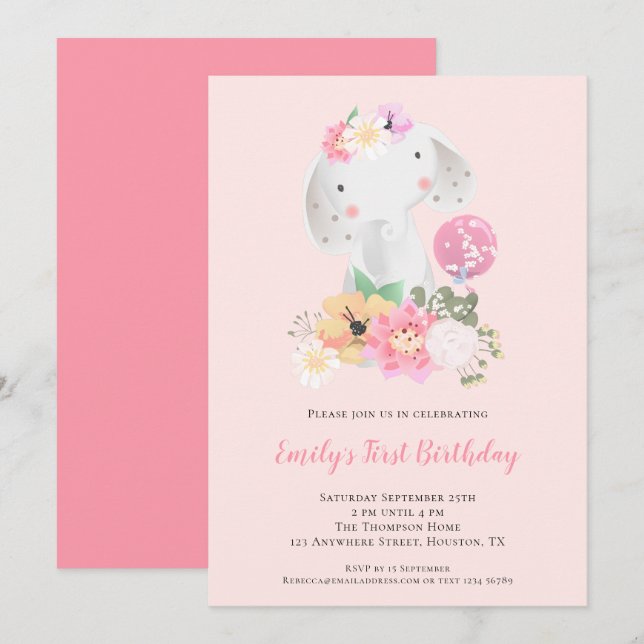 Invitation Eléphant mignon Rose fille 1er anniversaire (Devant / Derrière)