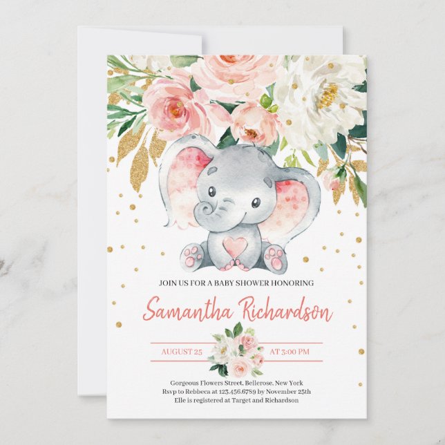 Invitation Eléphant mignon Rustique BLush rose FLoral bébé (Devant)