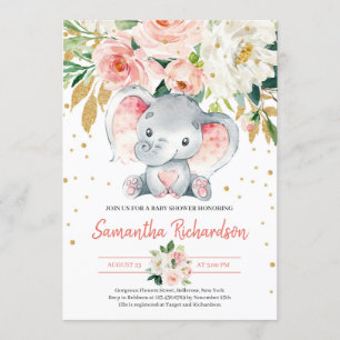 Invitation Eléphant mignon Rustique BLush rose FLoral bébé