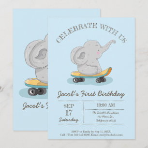Invitation Eléphant mignon sur skateboard.Anniversaire