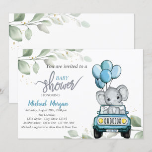 Invitation Eléphant mignon, Voiture, Ballons, Baby shower Feu