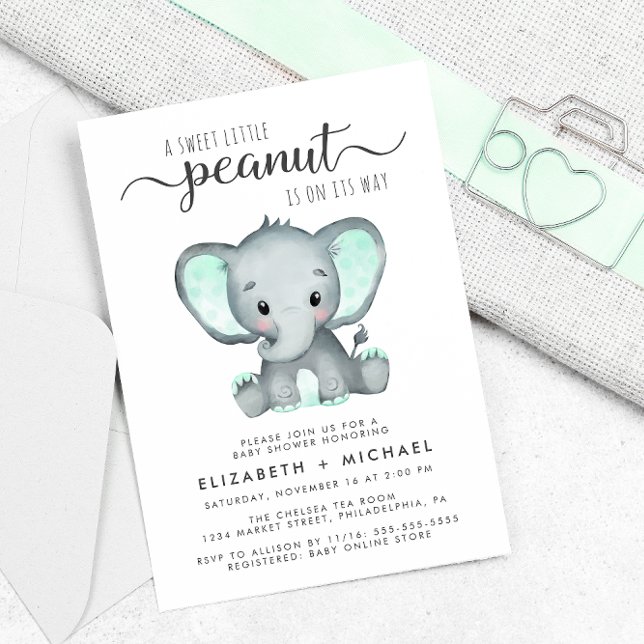 Invitation Elephant Mint Vert Aquarelle Couples Baby shower (Créateur téléchargé)