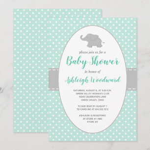 Invitation Eléphant Mint vert Polka Baby shower point