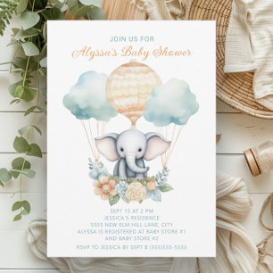 Invitation Éléphant Montgolfière Bleu Garçon Pêche