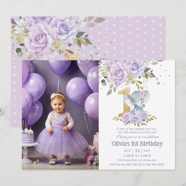 Invitation Eléphant mou à fleurs violet Un 1er anniversaire P (Devant / Derrière)