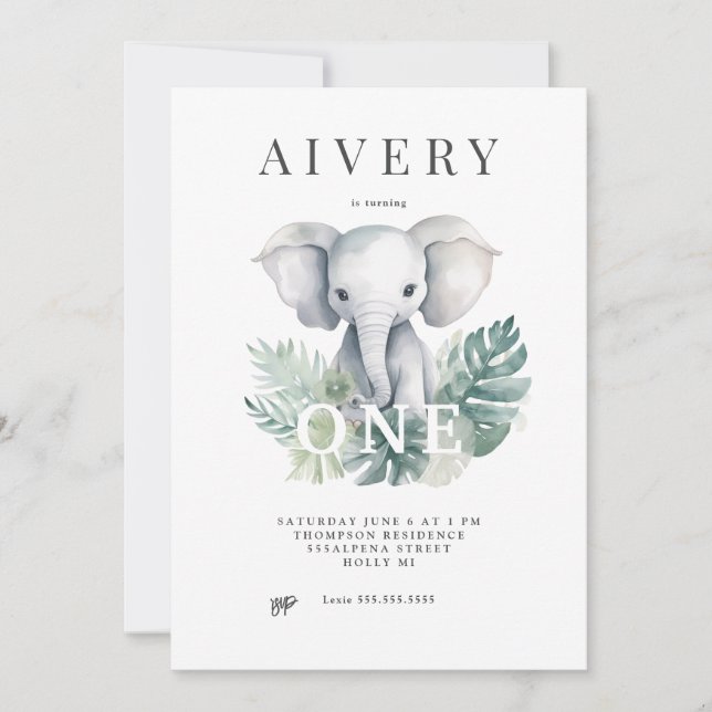 Invitation Eléphant Neutral Cute Premier Anniversaire Invitat (Devant)
