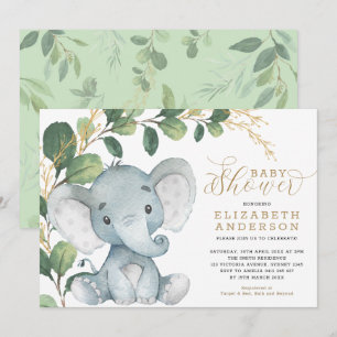 Invitation Eléphant Neutre Vert doux Baby shower Or