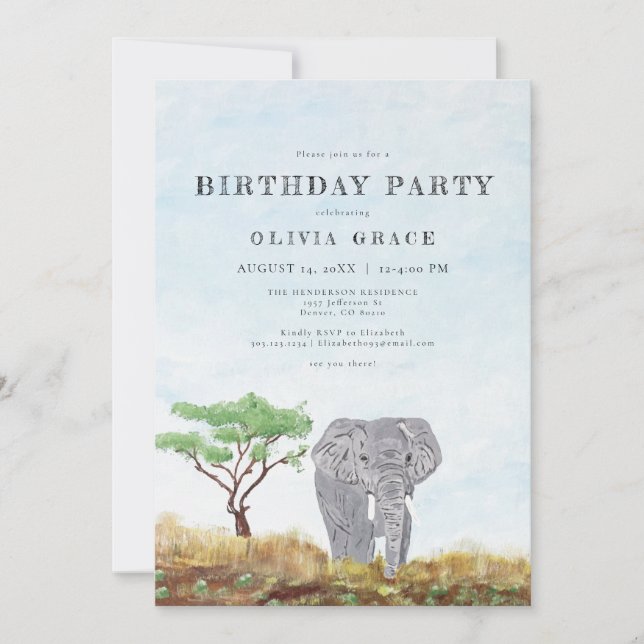 Invitation Eléphant Peint Séjour Sauvage Safari fête d'annive (Devant)