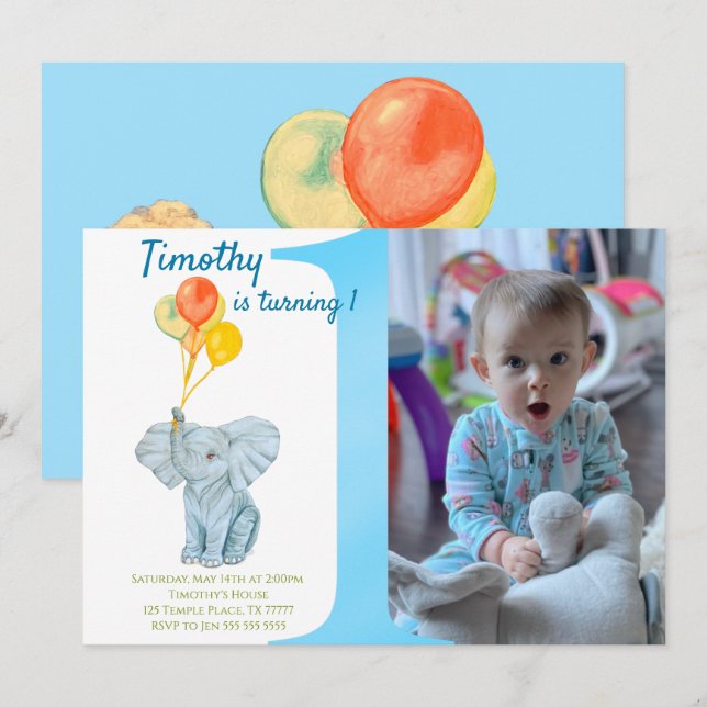 Invitation Eléphant Personnalisé Premier Anniversaire Garçon  (Devant / Derrière)