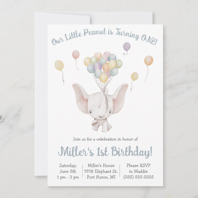 Invitation Elephant, Petite Arachide, Fête d'anniversaire à t (Devant)