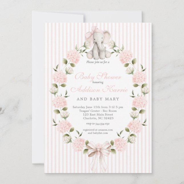 Invitation Elephant pink bow Girl Baby Shower (Devant)
