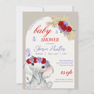 Invitation Eléphant pourpre et Baby shower papillon