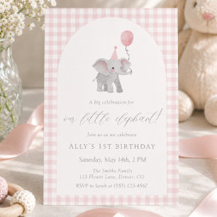 Invitation Éléphant Rose à Carreaux Anniversaire 1ère Eau-For