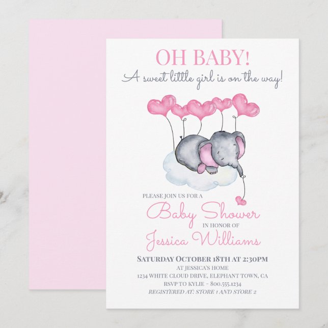 Invitation Eléphant rose Baby shower sur nuage (Devant / Derrière)