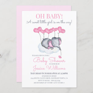 Invitation Eléphant rose Baby shower sur nuage