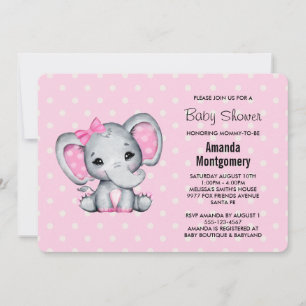 Invitation Eléphant rose bébé avec Baby shower Pois