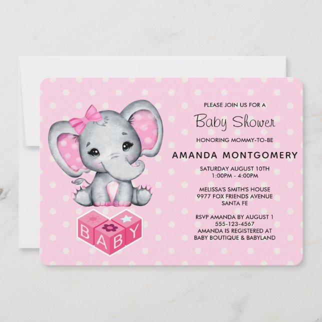 Invitation Eléphant rose bébé avec Baby shower Pois (Devant)