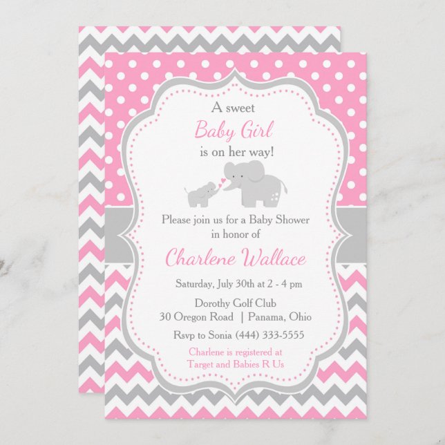 Invitation Eléphant rose et gris Baby shower (Devant / Derrière)