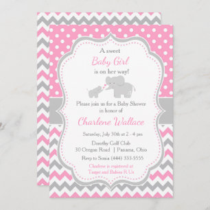 Invitation Eléphant rose et gris Baby shower