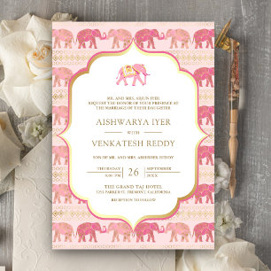 Invitation Éléphant Rose et Or Tout en Un Mariage Indien