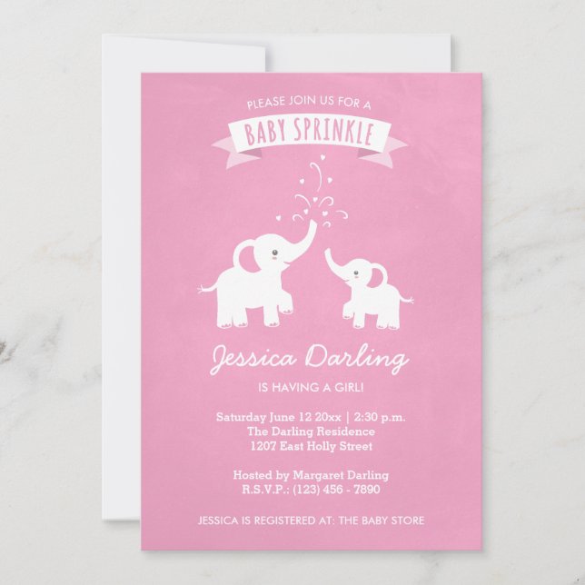Invitation Eléphant rose Fille bébé saupoudrer douche Invitat (Devant)