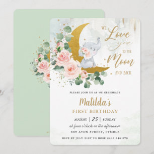 Invitation Eléphant rose Floral 1er Anniversaire Crescent Moo