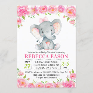 Invitation Eléphant rose Floral Baby Girl Douche aspersion